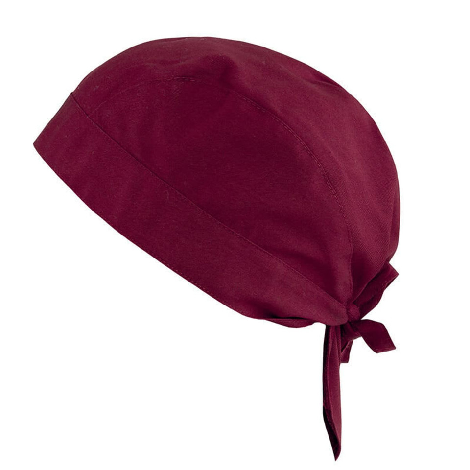 A maroon bandana with a tied back design, featuring a simple and smooth fabric. It includes a logo.