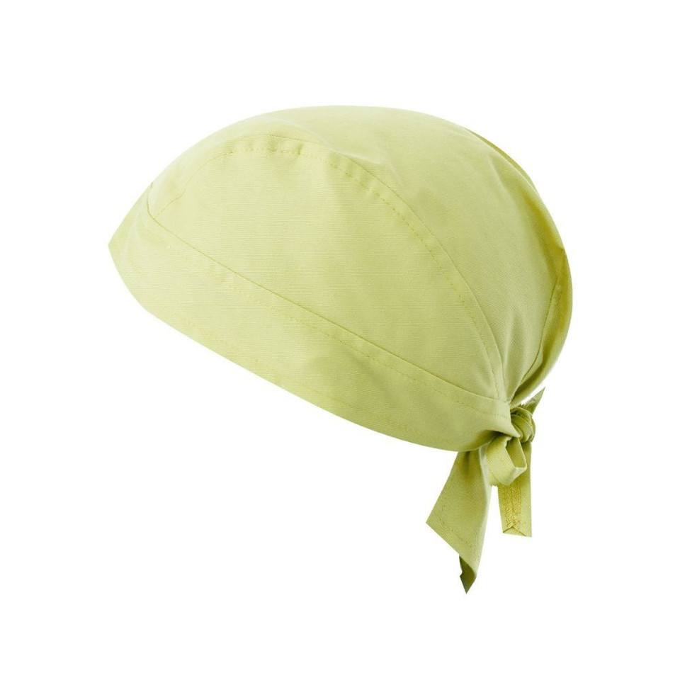 A light green bandana with a tied back design and a small logo on the side.