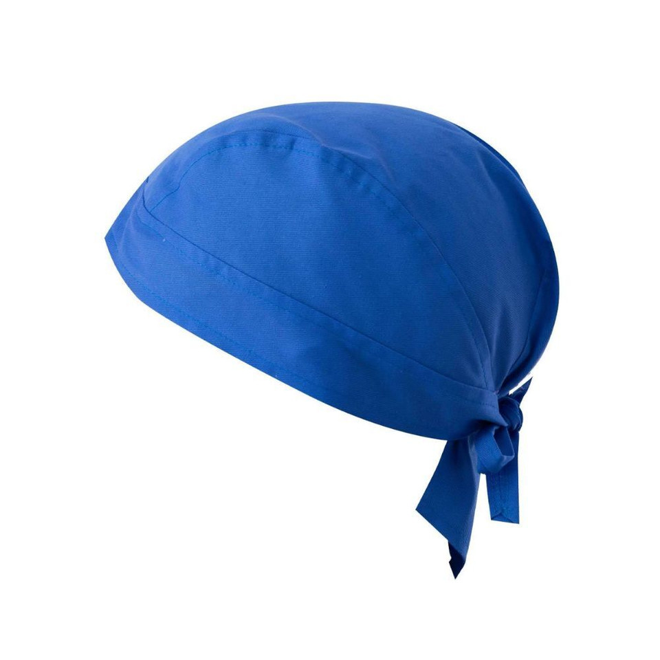 A blue bandana with a tied back design. The item has a logo on it.