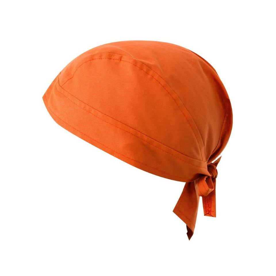 An orange bandana with a tied back feature, featuring a branding logo on the upper right corner.