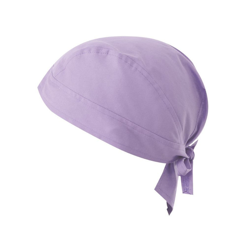 A lilac bandana with a tied back design, featuring a logo on the top.