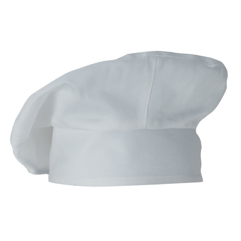 A white chef hat with a wide band, featuring a soft and rounded design. It has a logo on the front.