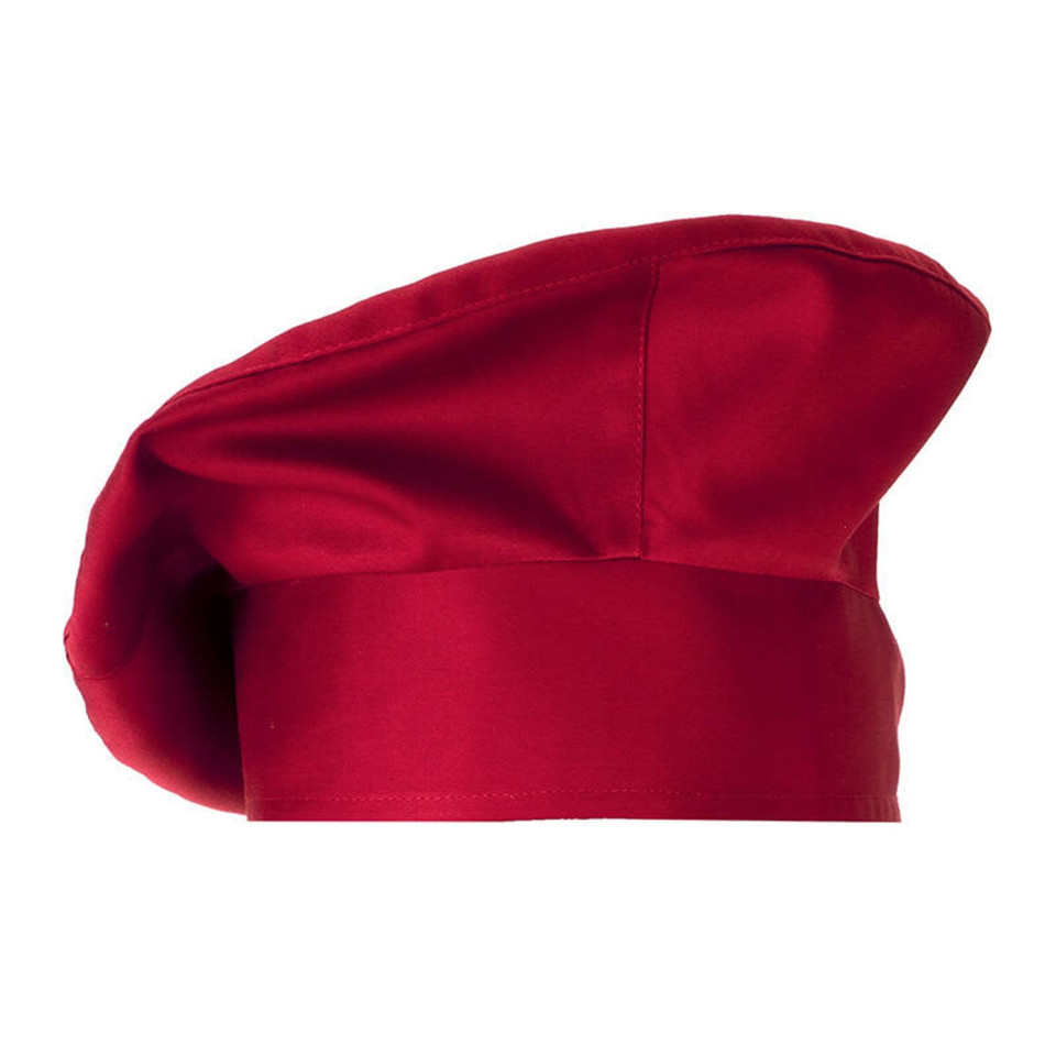A red chef hat with a wide band and soft top, featuring a rounded shape and a glossy finish.