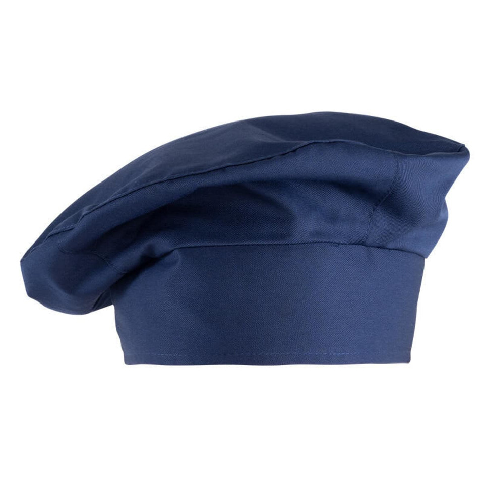 A navy blue chef hat with a soft, rounded top and flat brim, featuring a logo on the side.