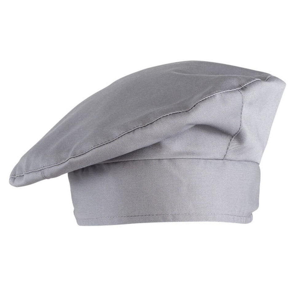 A grey chef hat featuring a flat top and a wide band. The design is simple and classic, suitable for culinary use.