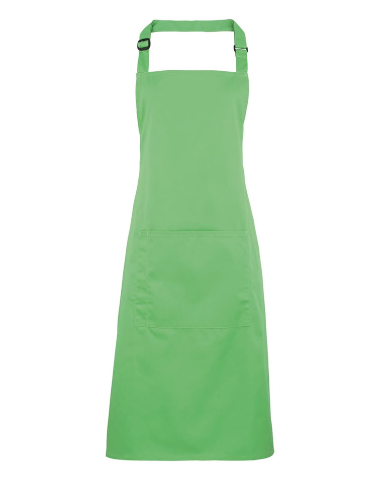 A green bib apron features a pocket and adjustable straps, suitable for various workwear purposes.