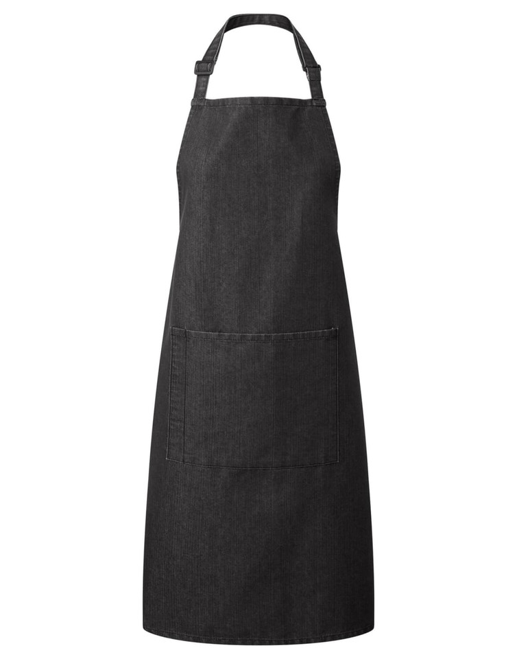A black bib apron featuring a front pocket and an adjustable neck strap; includes a logo.