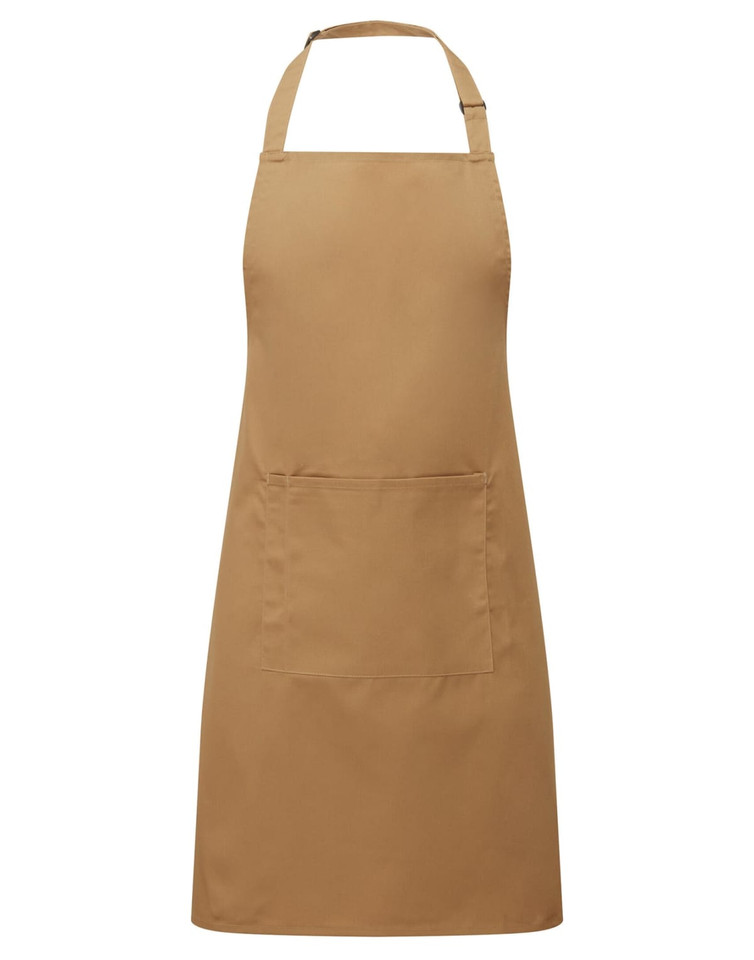 A brown bib apron with a pocket, designed for workwear use. Features an adjustable neck strap and a simple, classic design.