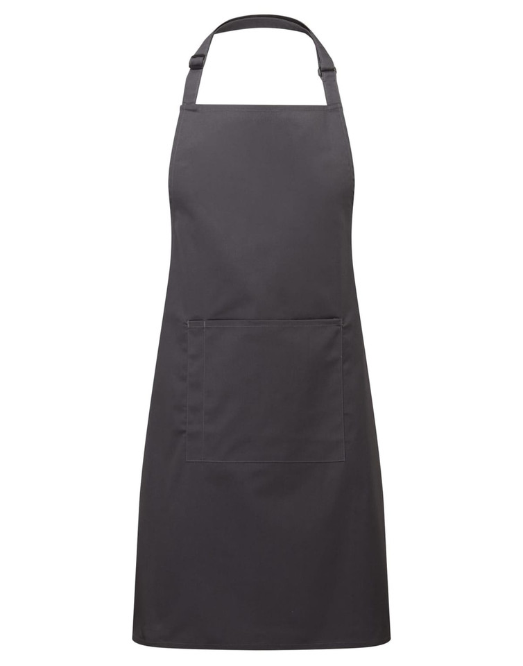 A dark grey bib apron with a pocket, designed for workwear use. It features adjustable neck straps and a simple design.