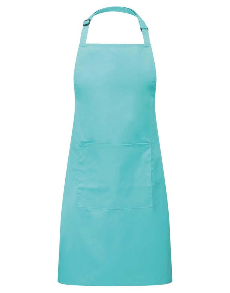 A turquoise bib apron featuring a large front pocket and a neck strap. It includes a logo.