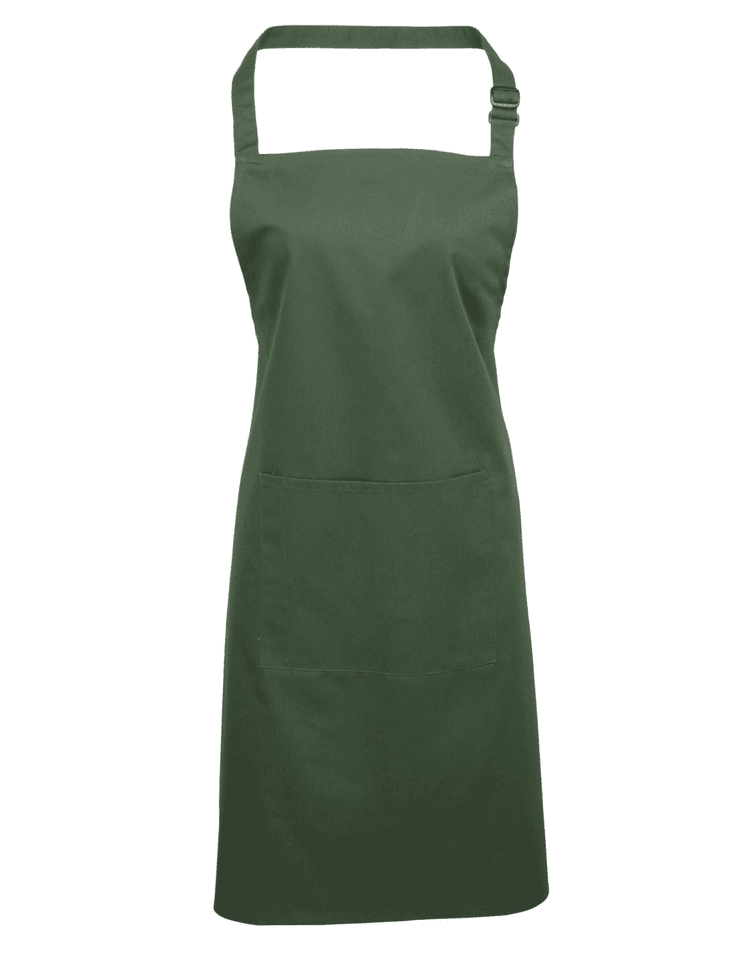 A green bib apron with a pocket and an adjustable neck strap, featuring a logo.