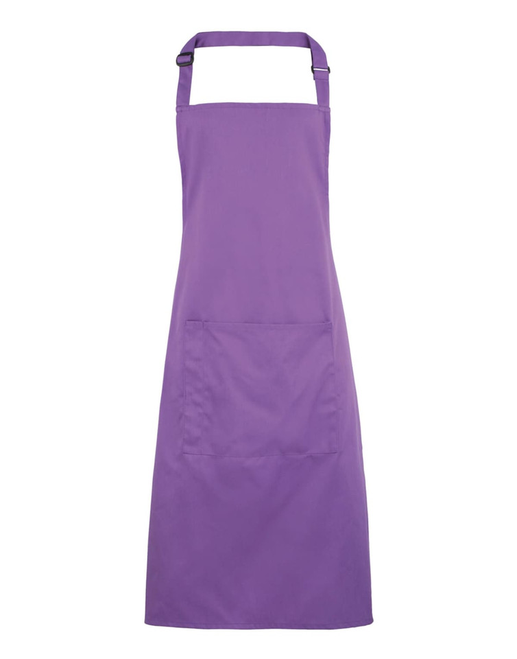 A purple bib apron featuring a pocket and an adjustable neck strap. It has a simple design and a logo.