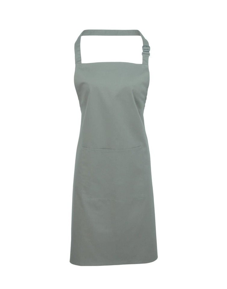 A grey bib apron with a pocket and an adjustable neck strap, featuring a logo.