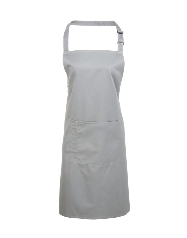 A grey bib apron with a pocket and adjustable neck strap. It features a simple design and has a logo.