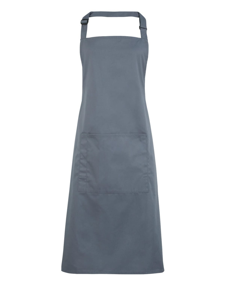 A grey bib apron with a pocket, suitable for workwear. The apron features an adjustable neck strap.