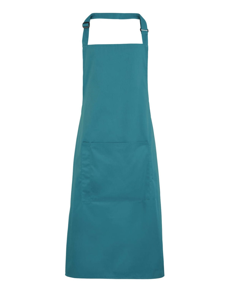 A teal bib apron featuring a front pocket and an adjustable neck strap. The apron includes a logo.