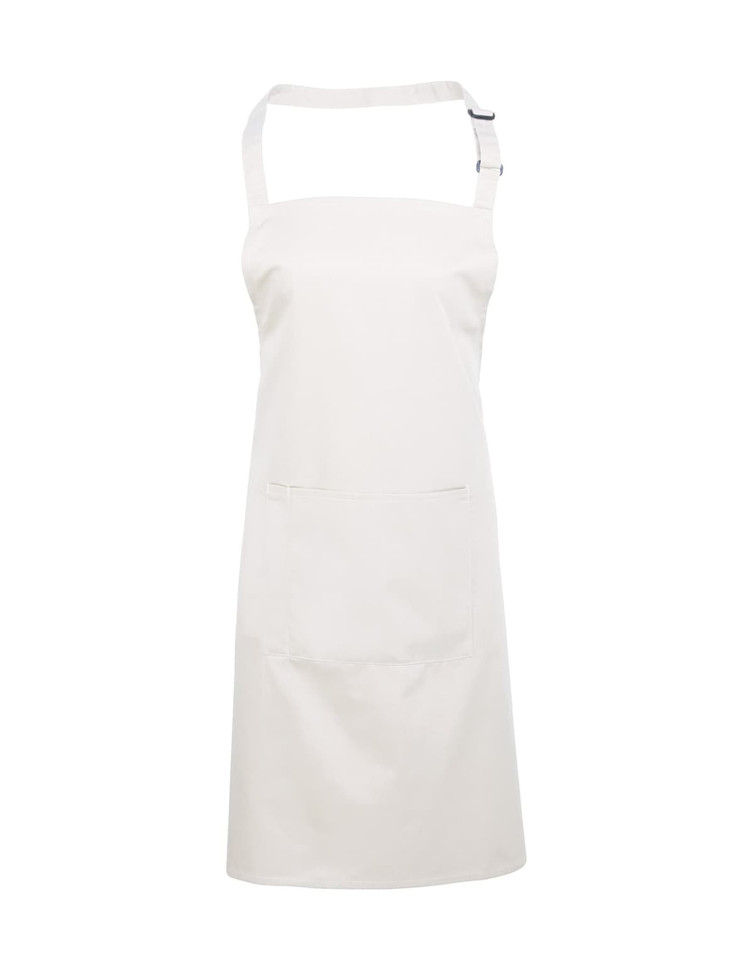 A white bib apron with a pocket and an adjustable neck strap, featuring a logo.