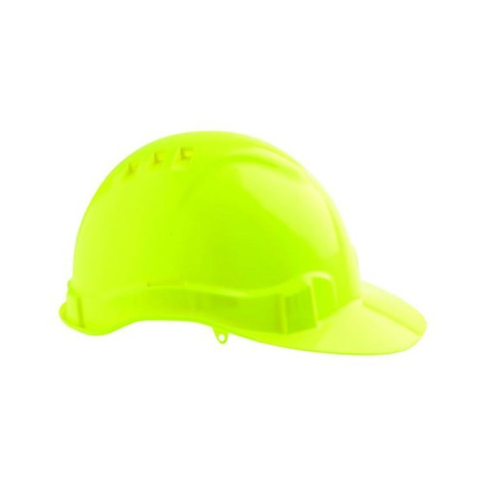 Fluro yellow coloured hard hat in side view