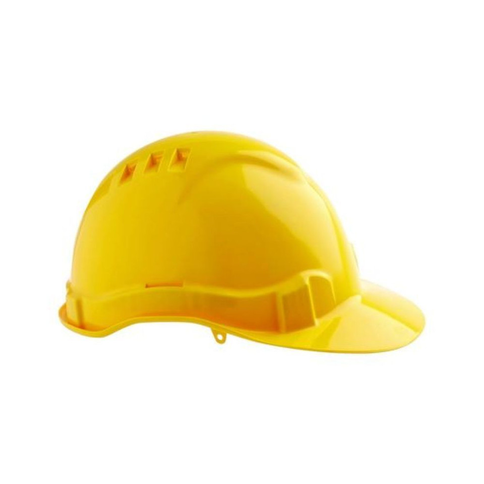Yellow coloured hard hat in side view