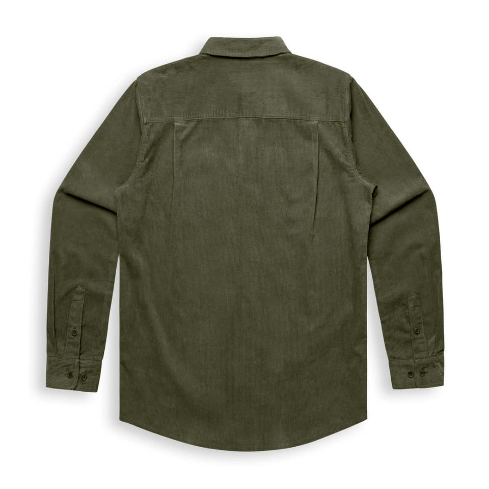 An olive green button-up shirt with long sleeves and a pointed collar, featuring a back yoke and no visible branding.