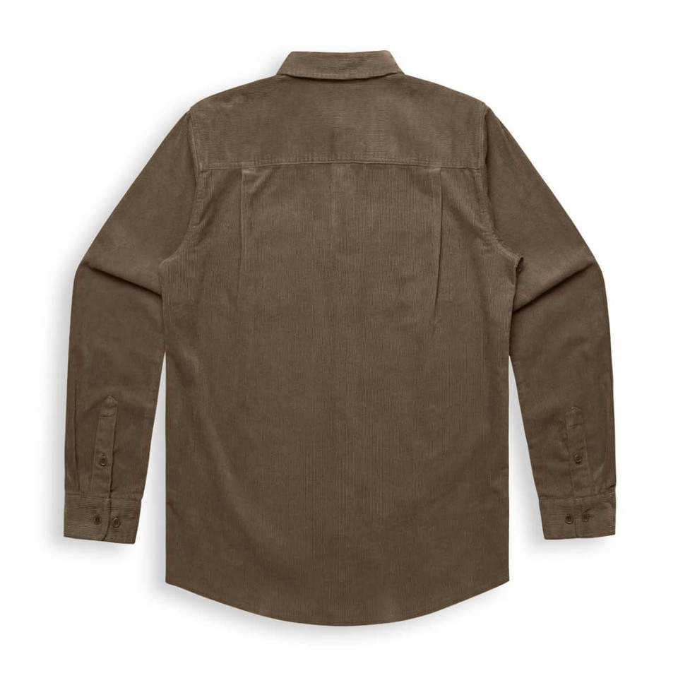 A button-up shirt in a rich brown cord fabric with long sleeves and a back yoke design, featuring a logo.