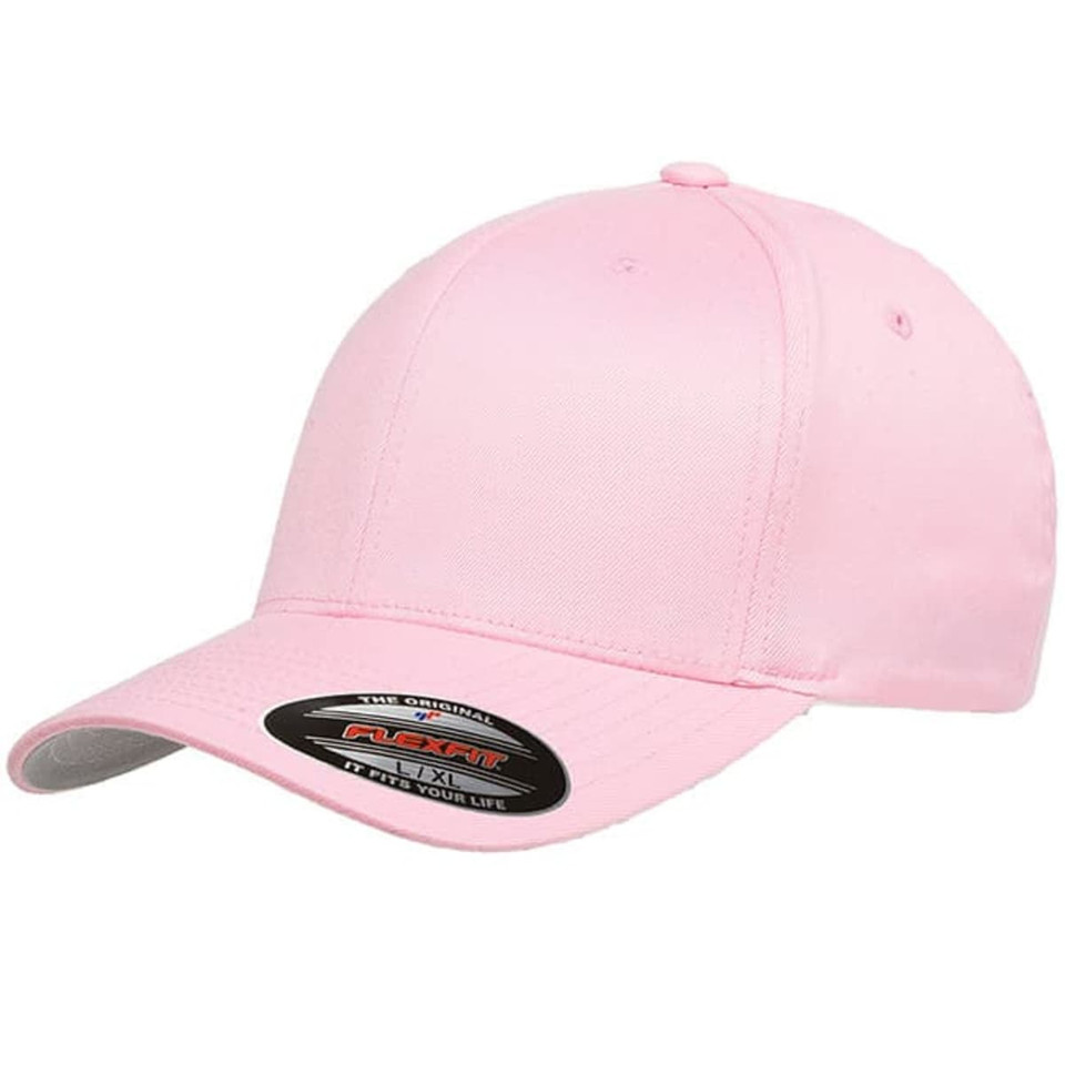 A pink cap with a curved brim and a logo on the front. The cap features a fitted design.