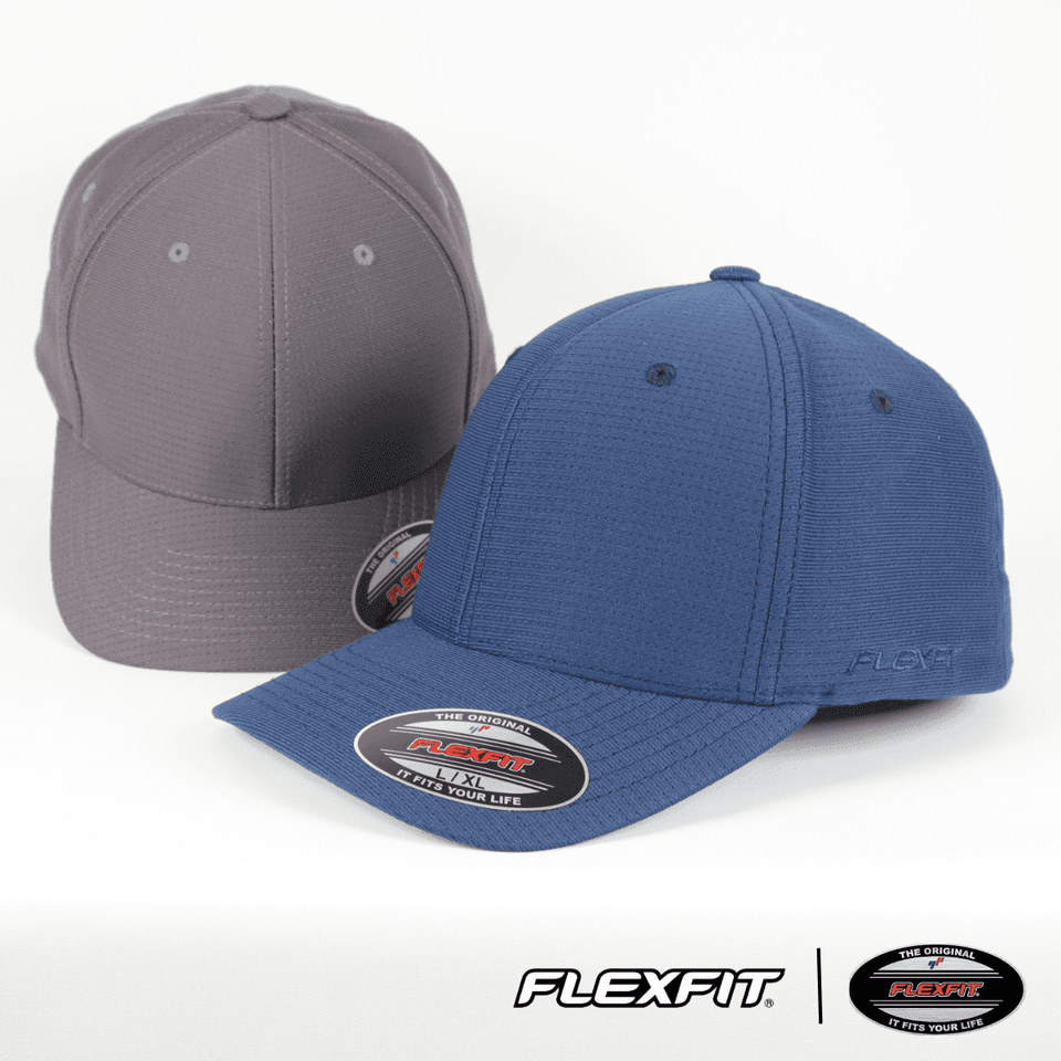 Two Flexfit® Cool & Dry caps in grey and blue, featuring a logo and promotional tags.
