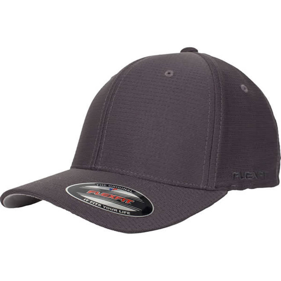 A Flexfit® Cool & Dry cap in dark grey with a curved brim and a logo on the side.
