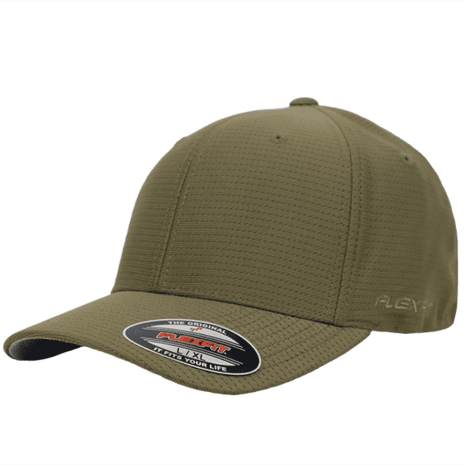 An olive green cap with a textured fabric, featuring a logo on the side and a curved brim.