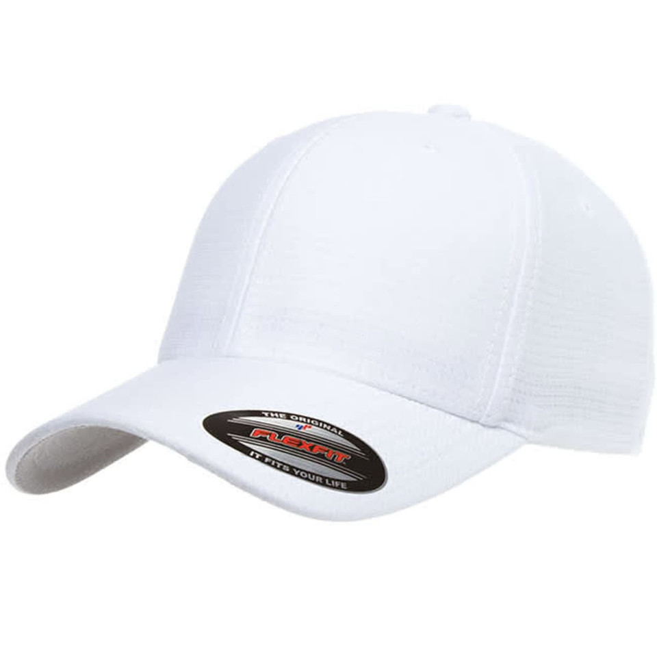 A white cap with a curved brim and a branded label on the side.