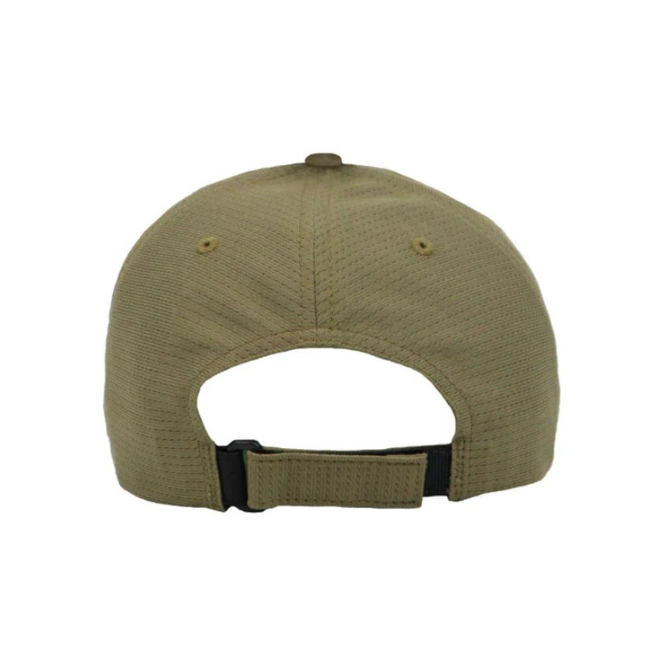 Back view of a khaki cap featuring a mesh design and an adjustable strap, perfect for outdoor activities and casual wear.