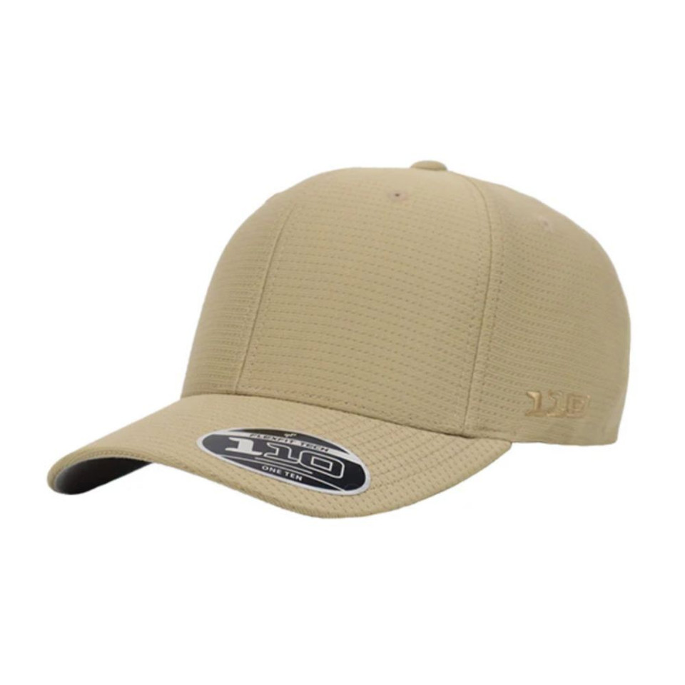 Khaki baseball cap with a structured design and a black and white tag displaying "110" for brand recognition.