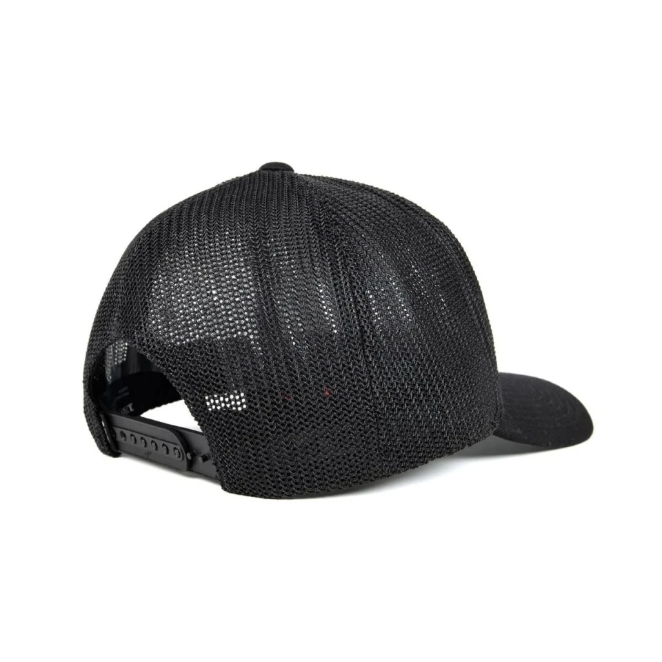 Rear angled view of the Flexfit® Worn By The World Mesh Trucker in black, highlighting the breathable mesh back panels and adjustable snapback closure.