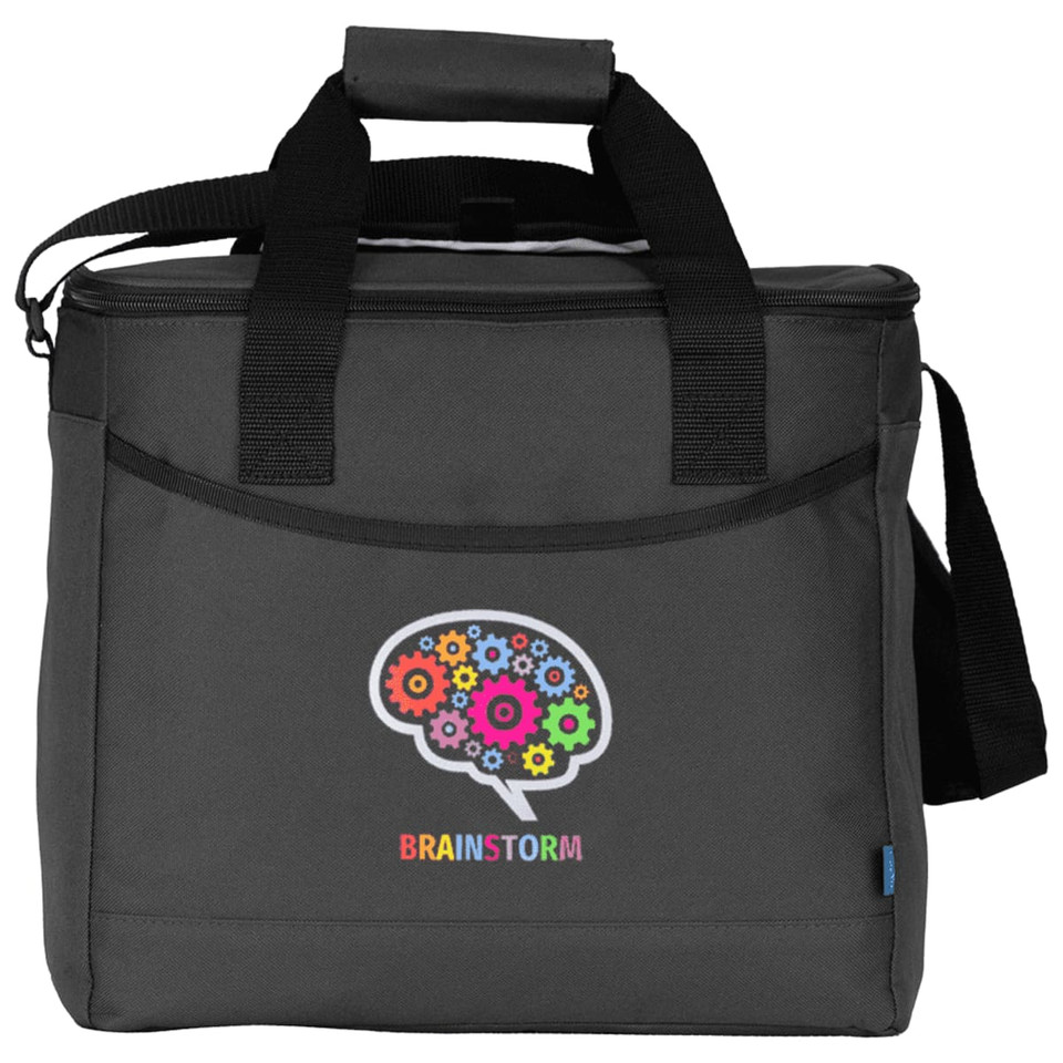 A black cooler bag with a logo featuring a colourful brain design and multiple gears. It has dual handles and a shoulder strap. A black cooler bag with a logo featuring a colourful brain design and multiple gears. It has dual handles and a shoulder strap.