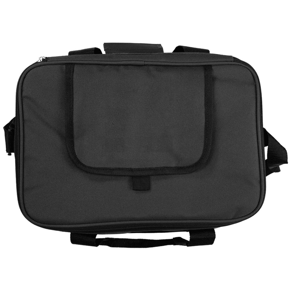 A black cooler bag featuring a front pocket, sturdy handles, and a detachable shoulder strap. It has a logo. A black cooler bag featuring a front pocket, sturdy handles, and a detachable shoulder strap. It has a logo.