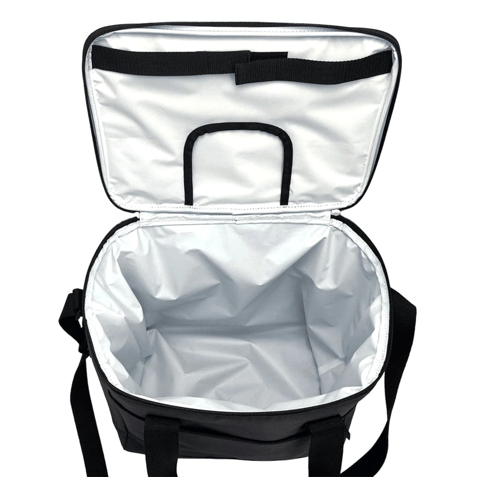 A black cooler bag with a spacious interior, featuring a white lining and a carry handle. It has a logo on the exterior. A black cooler bag with a spacious interior, featuring a white lining and a carry handle. It has a logo on the exterior.