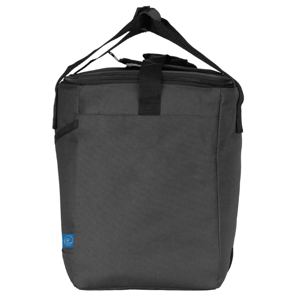 A grey cooler bag with a shoulder strap and top handle, featuring a logo on the front. A grey cooler bag with a shoulder strap and top handle, featuring a logo on the front.