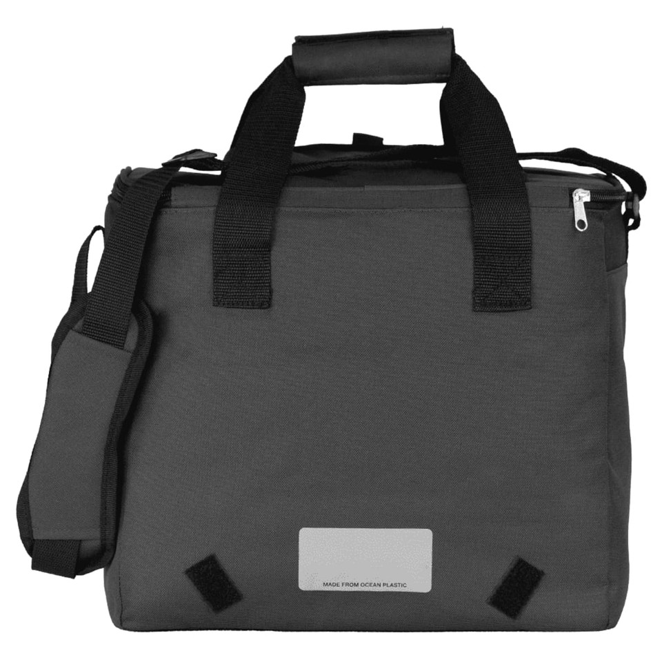 A grey cooler bag with a shoulder strap and top handles, made from recycled materials, featuring a logo.