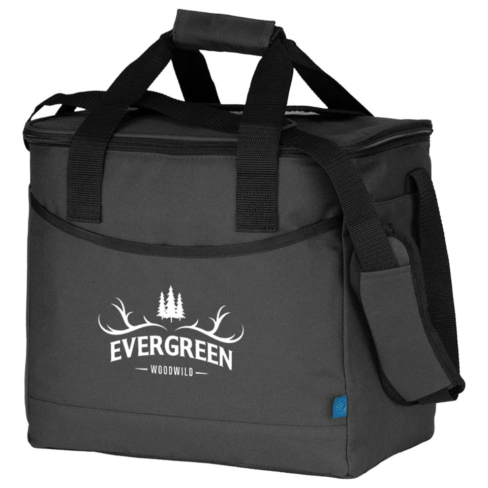 A cooler bag in grey made from Repreve recycled material, featuring dual handles and a shoulder strap.