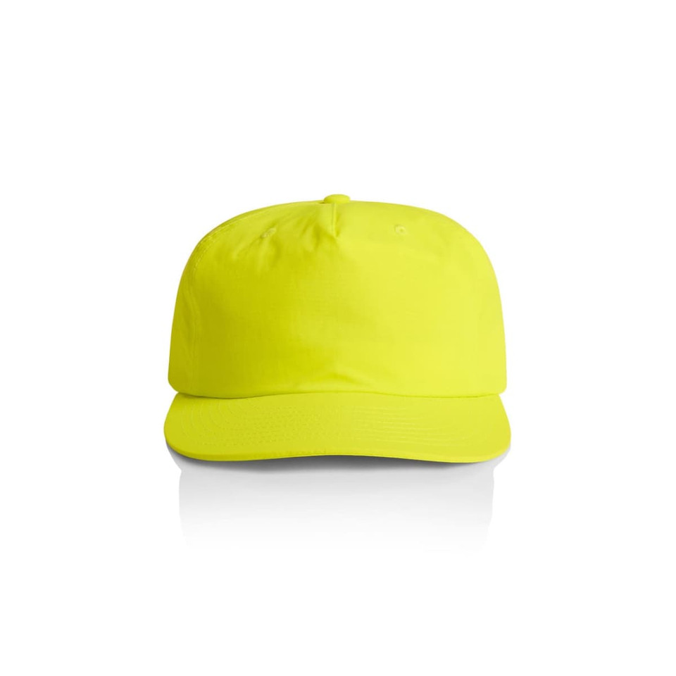 A bright yellow cap with a structured brim and a logo on the front.