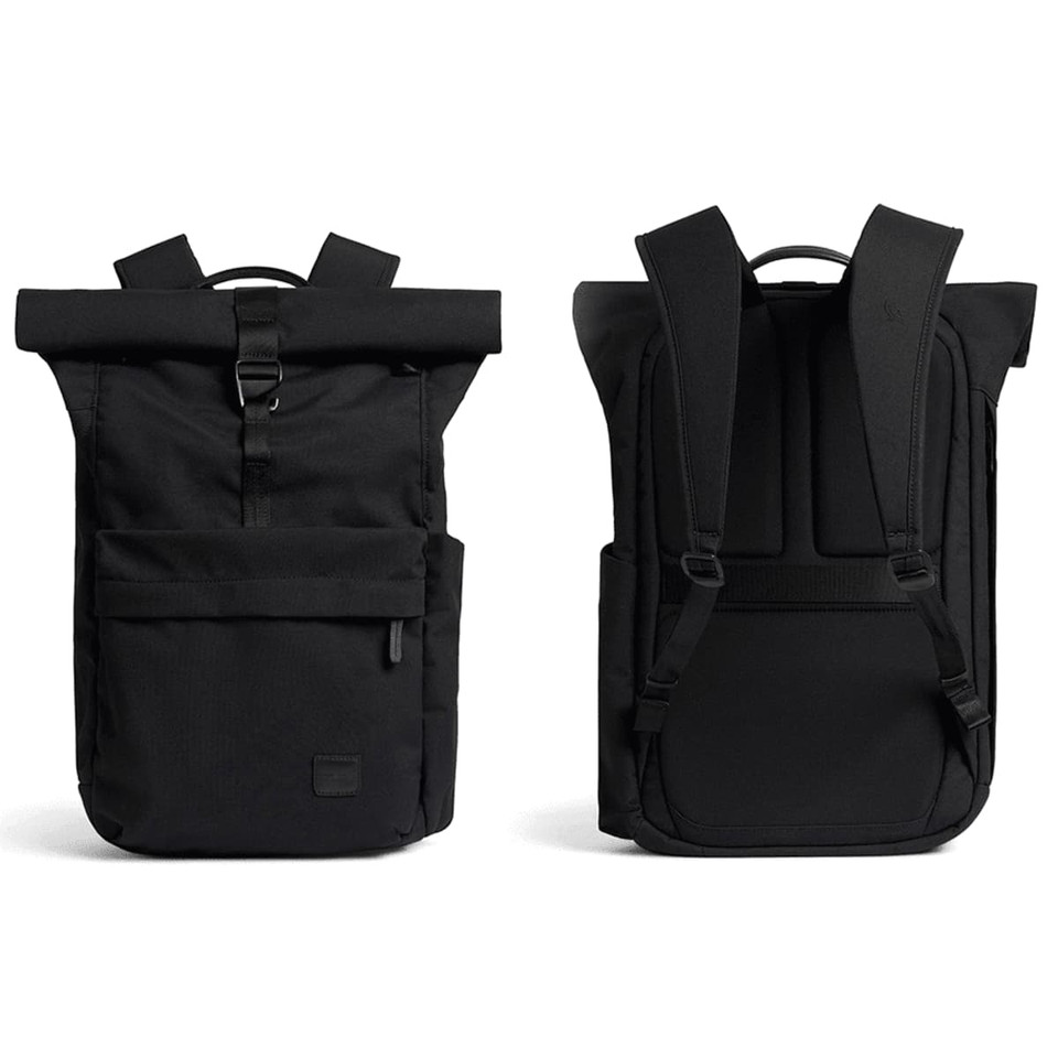 A black roll-top backpack with adjustable straps and multiple pockets. It features branding on the exterior.