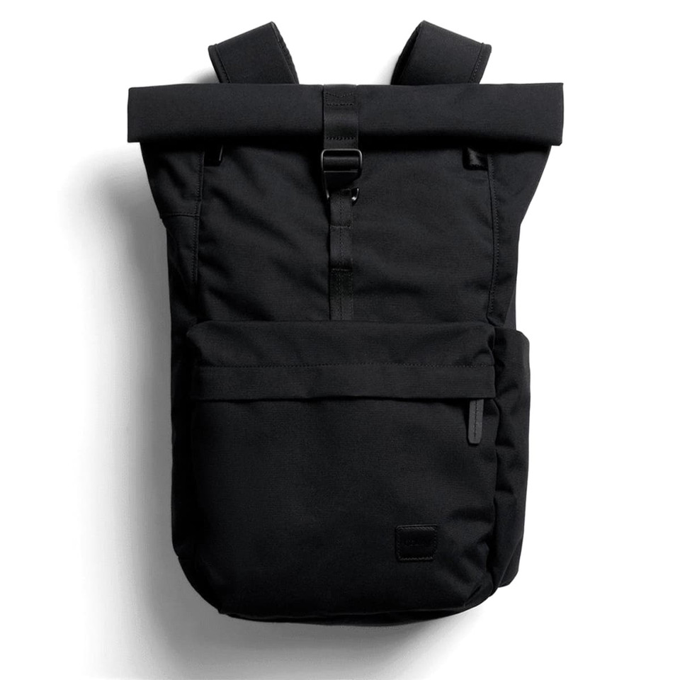 A black rolltop backpack featuring adjustable straps and multiple pockets, including a front zippered pocket.