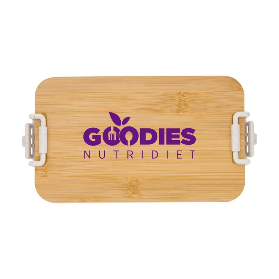 A bamboo lunch box with dual compartments, featuring a logo on the top and white clasps on the sides.