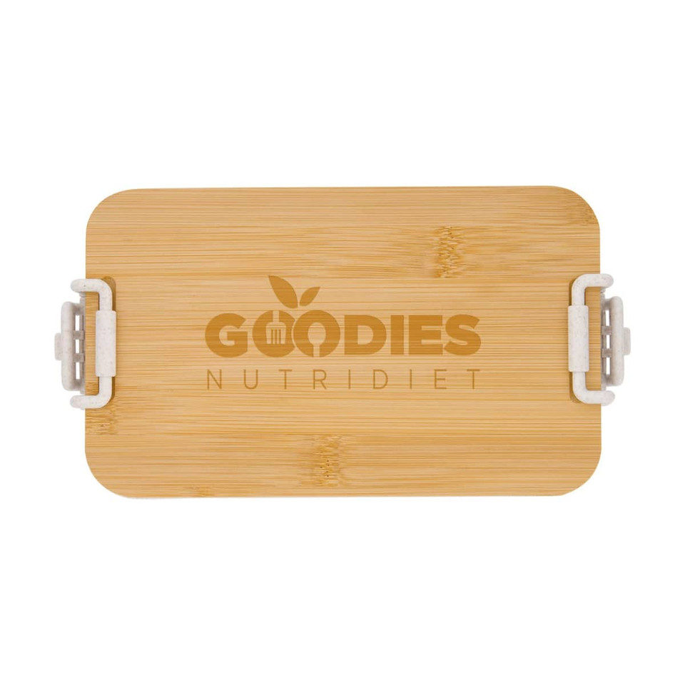 A bamboo lunch box with dual compartments, featuring a light natural finish and a logo on the lid.