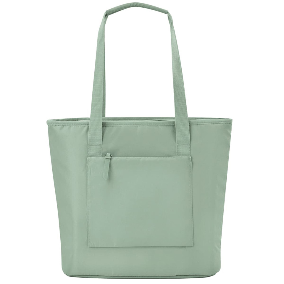 A mint green tote bag with two shoulder straps and a front pocket. Features a logo.