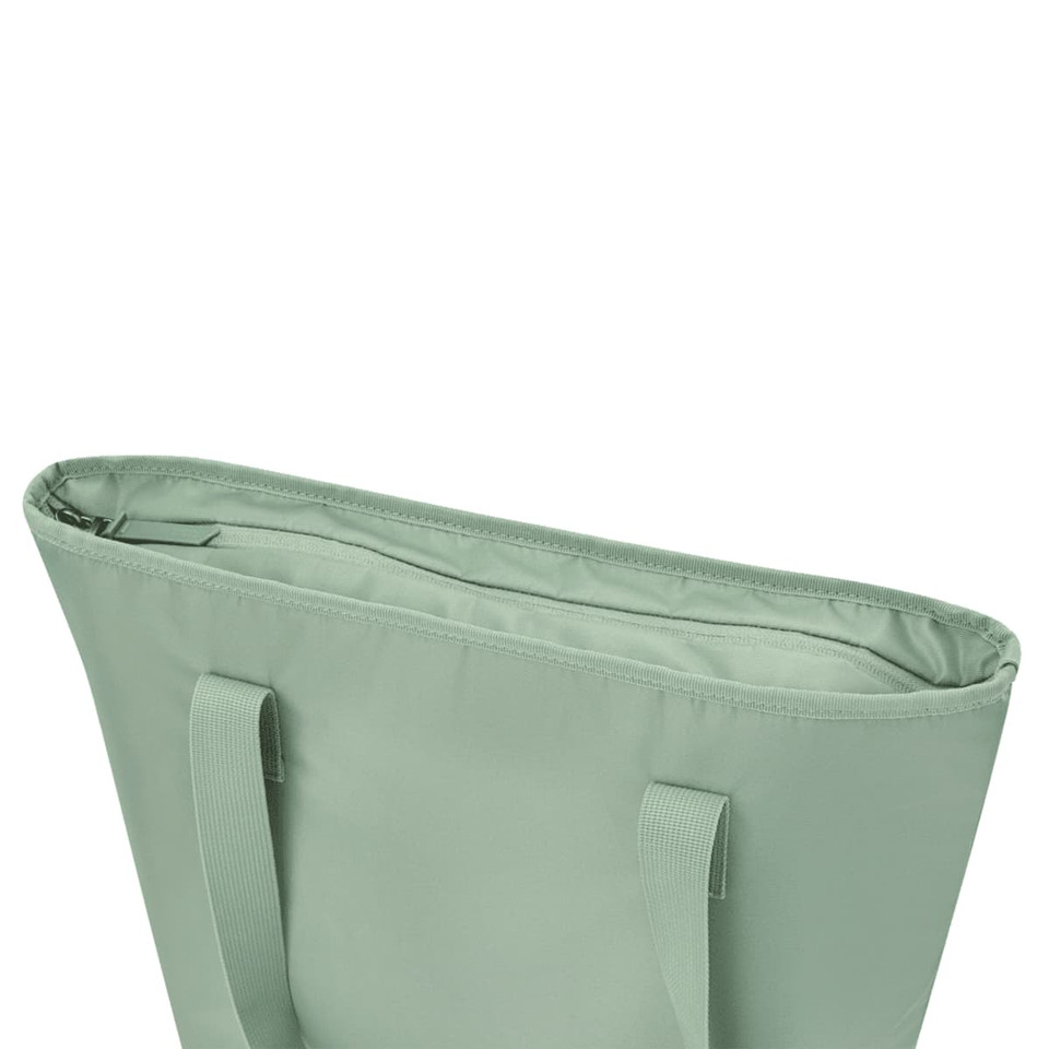 A mint green tote bag with two shoulder straps and an open top, featuring a simple design.