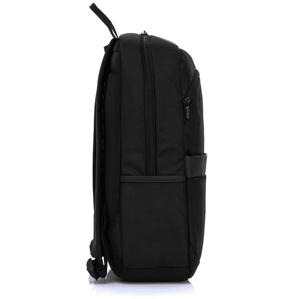 A black backpack featuring a sleek design, multiple compartments, and a side pocket. It includes a logo.