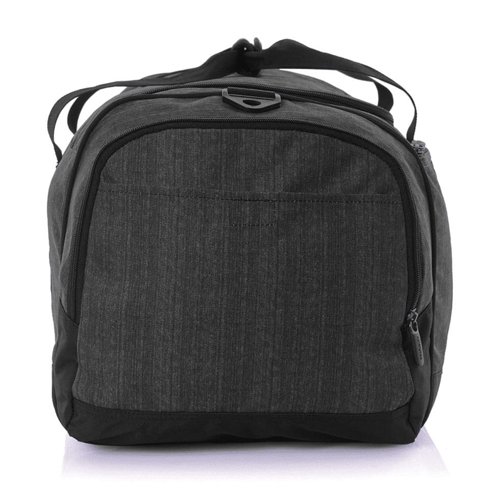A duffle bag in a grey and black colour scheme with multiple compartments and a carrying strap.