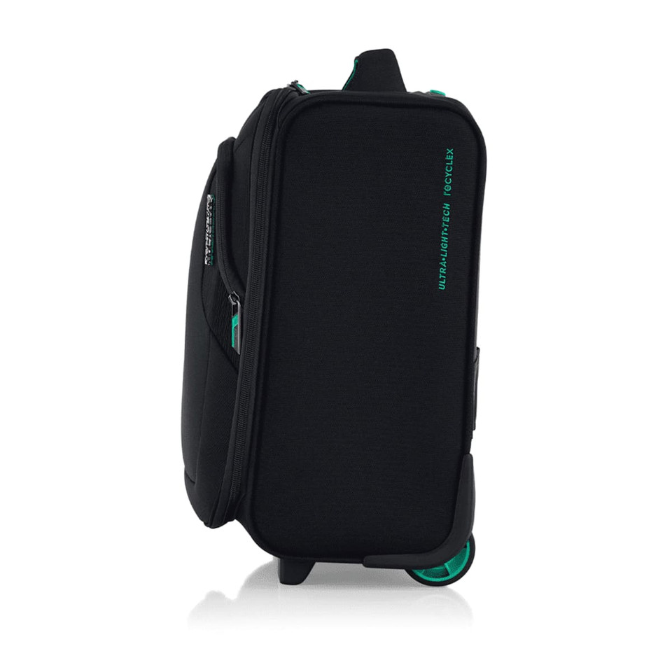 A black underseater bag with teal accents and wheels, featuring a sleek design and a logo.