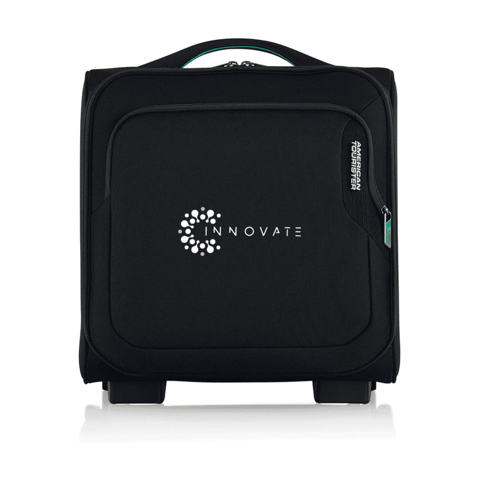 A black wheeled bag with a front pocket and a logo, designed for travel convenience.